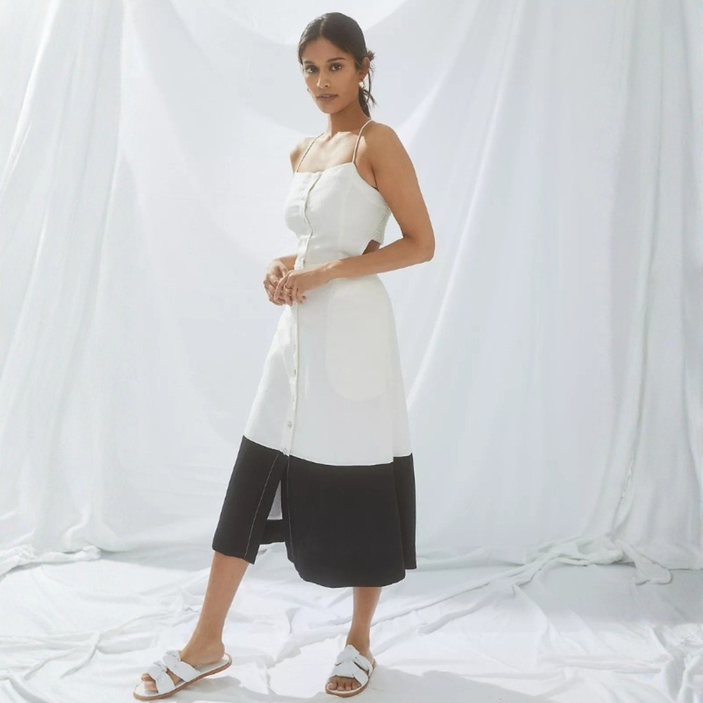 Anthropologie Maeve Colorblocked Contrast Midi Dress Size Medium Linen Blend